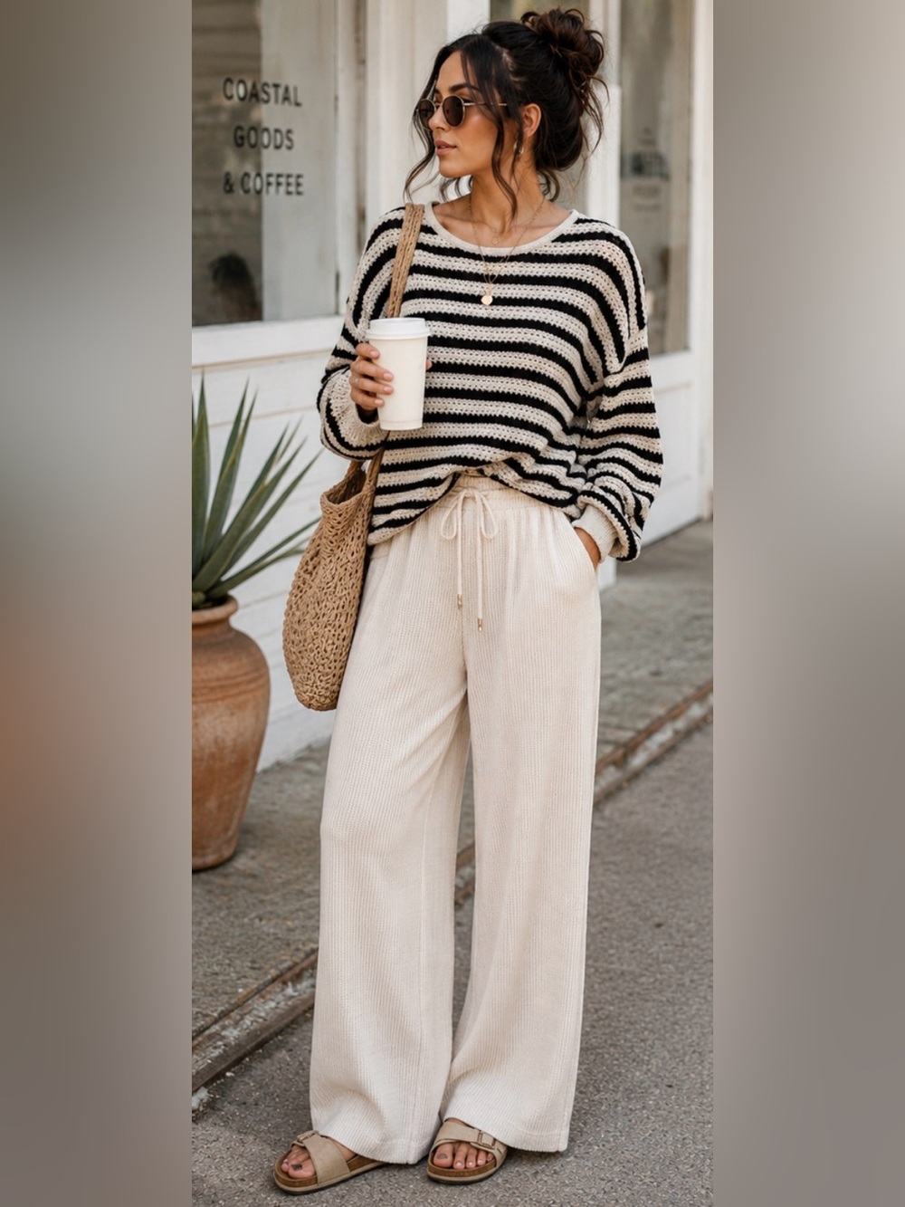 Blu Pepper ✨ Black & Cream Striped Crochet Knit Sweater Size Small